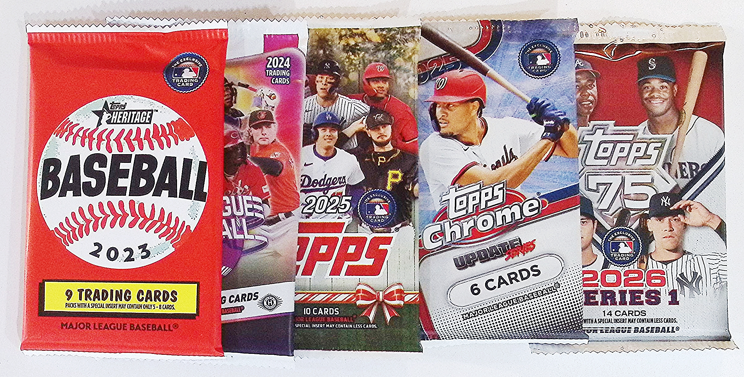 5 - Topps Baseball Card Mega Box Packs: 2023 Heritage, '24 Big League, '25 Holiday, '25 Chrome Update Series, & '26 Series 1 76th Anniversary